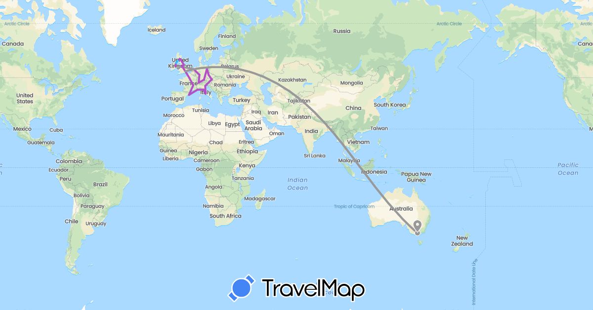 TravelMap itinerary: driving, plane, train, boat in Austria, Australia, Switzerland, Czech Republic, Germany, Spain, France, United Kingdom, Ireland, Italy, Monaco, Netherlands (Europe, Oceania)